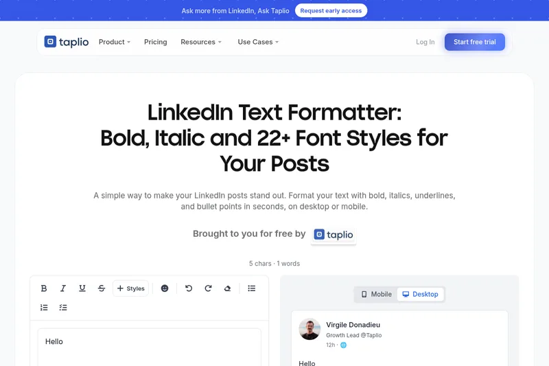 LinkedIn Text Formatter by Taplio screenshot