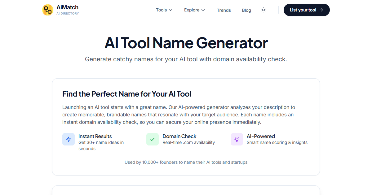 AI Tool Name Generator — 50+ Free Name Ideas with Domain Check
